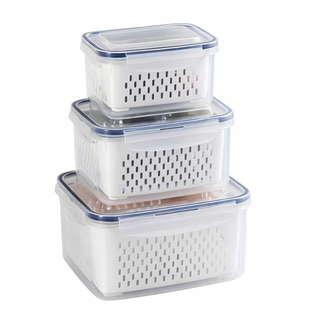 Plastic Food Storage Container Set with Drain Basket and Lids 18 Pieces