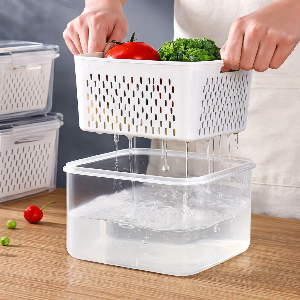 Plastic Food Storage Container Set with Drain Basket and Lids 18 Pieces