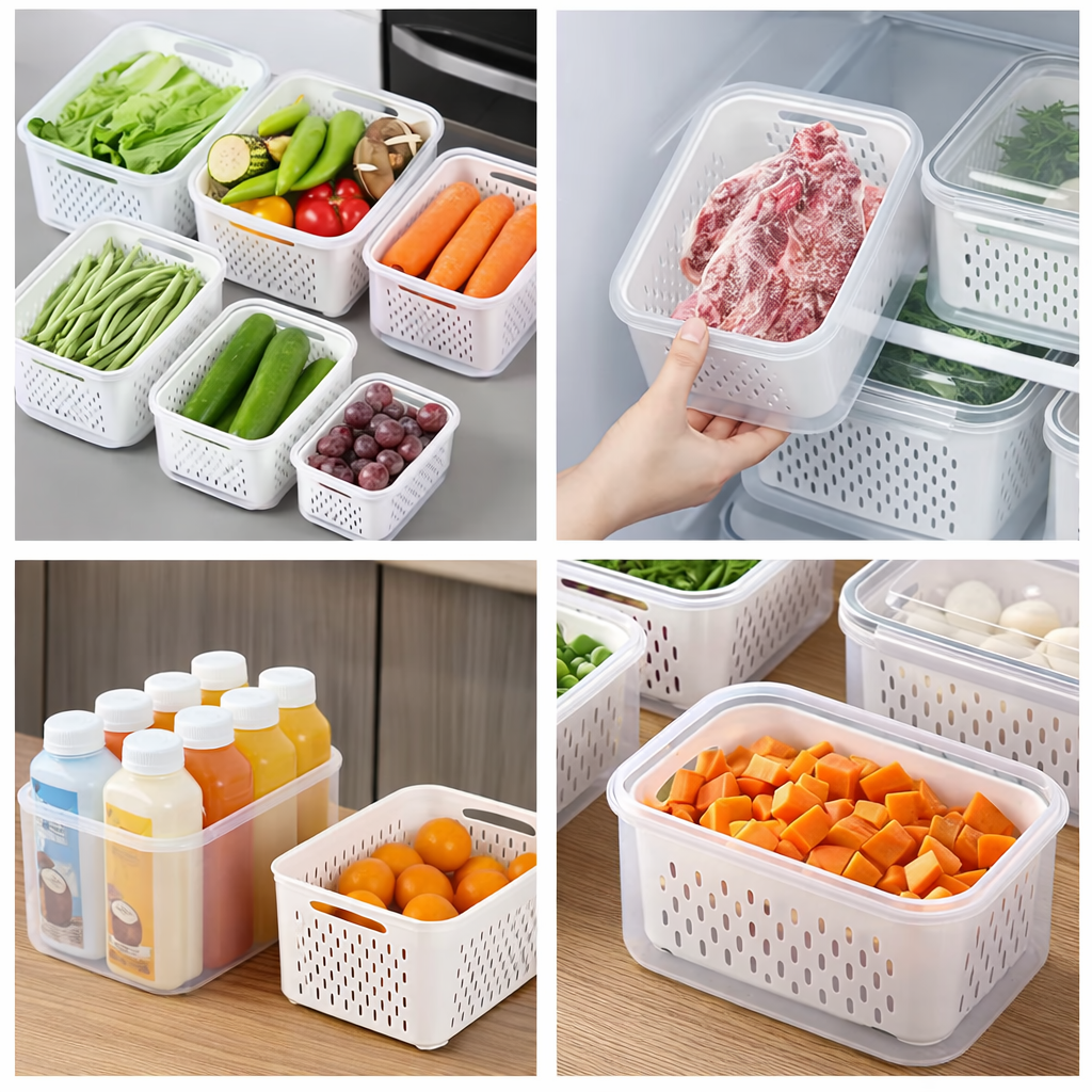 Plastic Food Storage Container Set with Drain Basket and Lids 18 Pieces