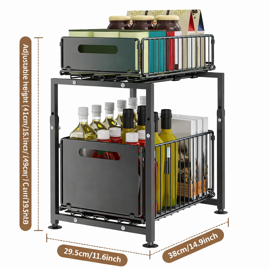 2-Tier Pull-Out Sliding Drawer Organizer Storage Rack