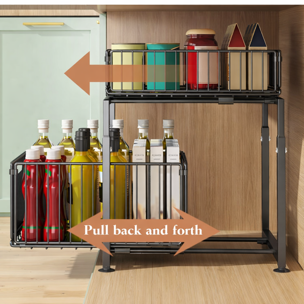 2-Tier Pull-Out Sliding Drawer Organizer Storage Rack