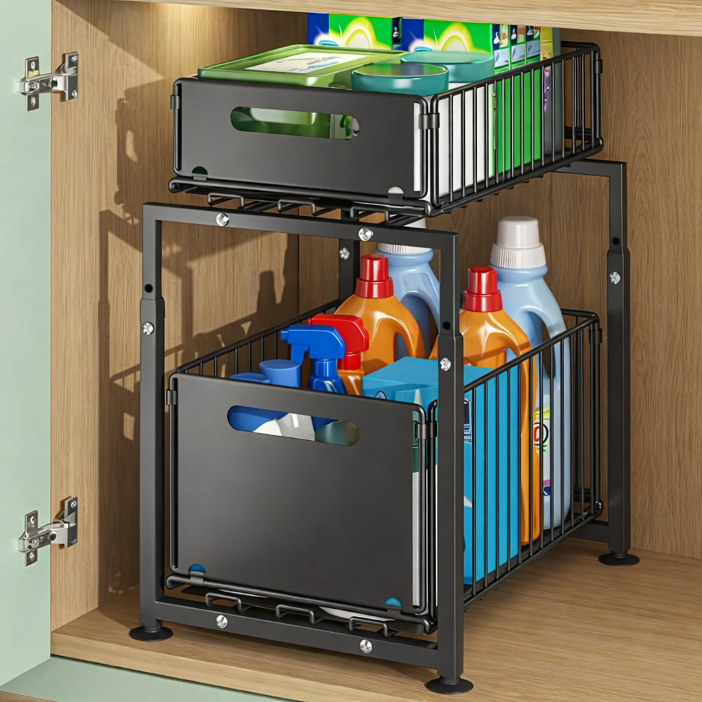 2-Tier Pull-Out Sliding Drawer Organizer Storage Rack