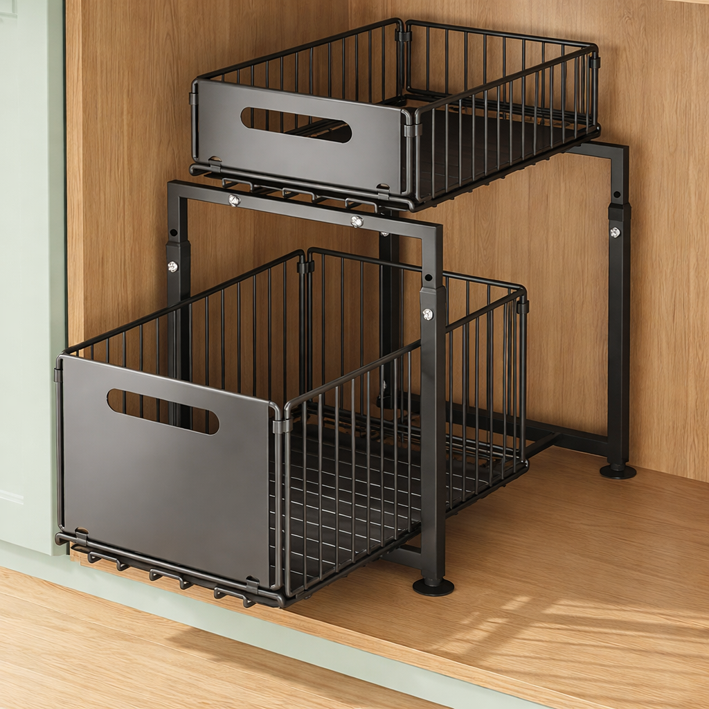 2-Tier Pull-Out Sliding Drawer Organizer Storage Rack