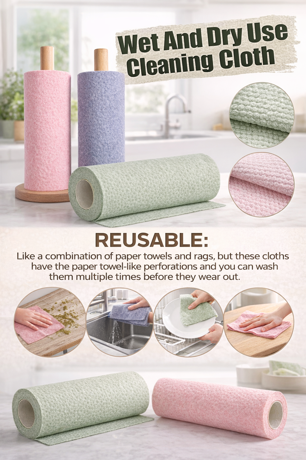 Heavy-Duty Reusable Cleaning Wipes - 80 Pices 4 Roles In this Amazing Price Non-Abrasive Scrub Cloths